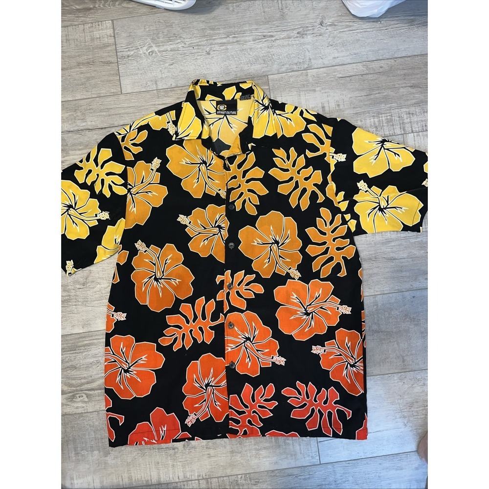 Vintage Street Culture Shirt Mens L Black Button Up Hawaiian Flowers